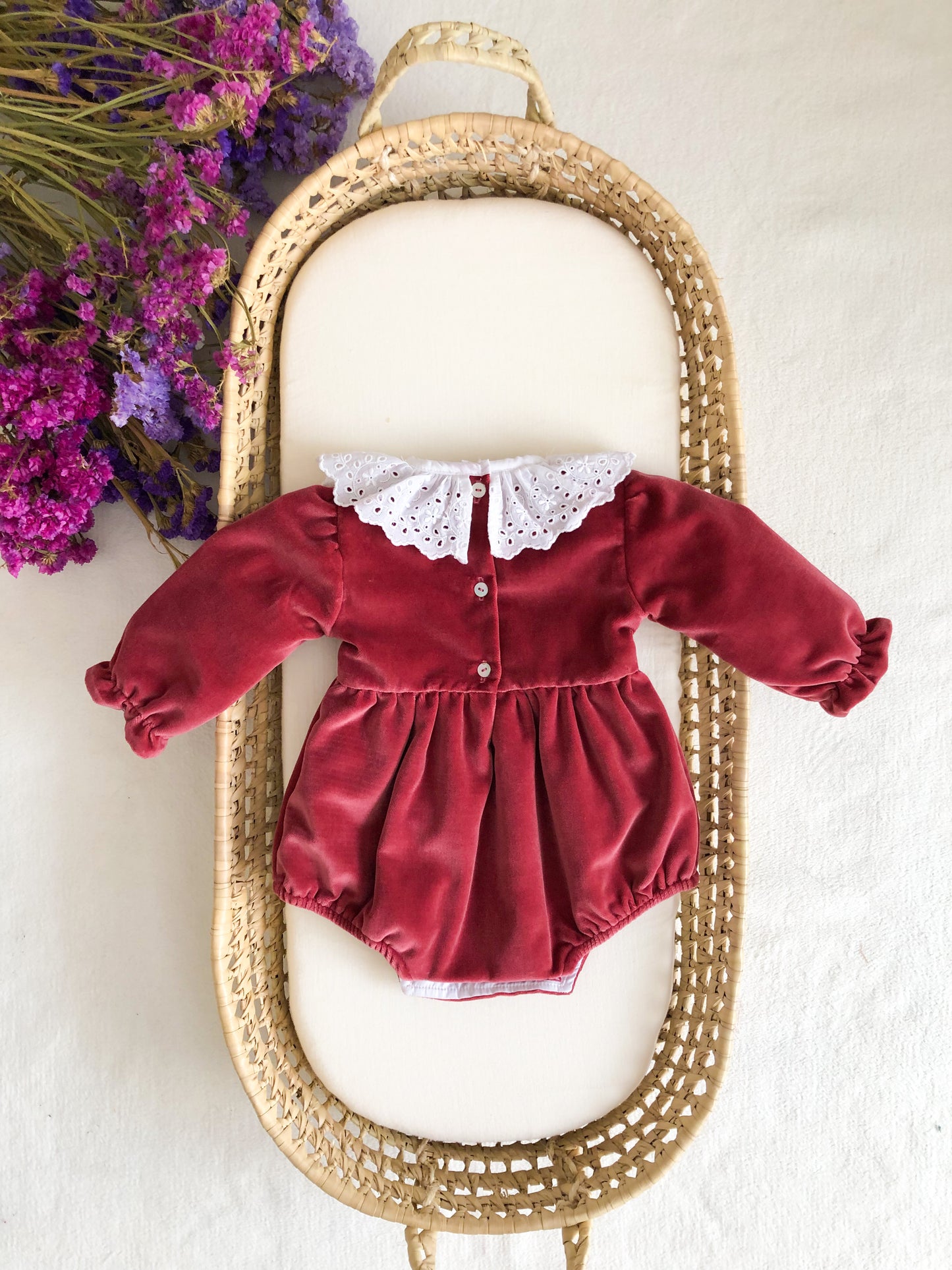 Old Pink Velvet with English Embroidery Collar Romper